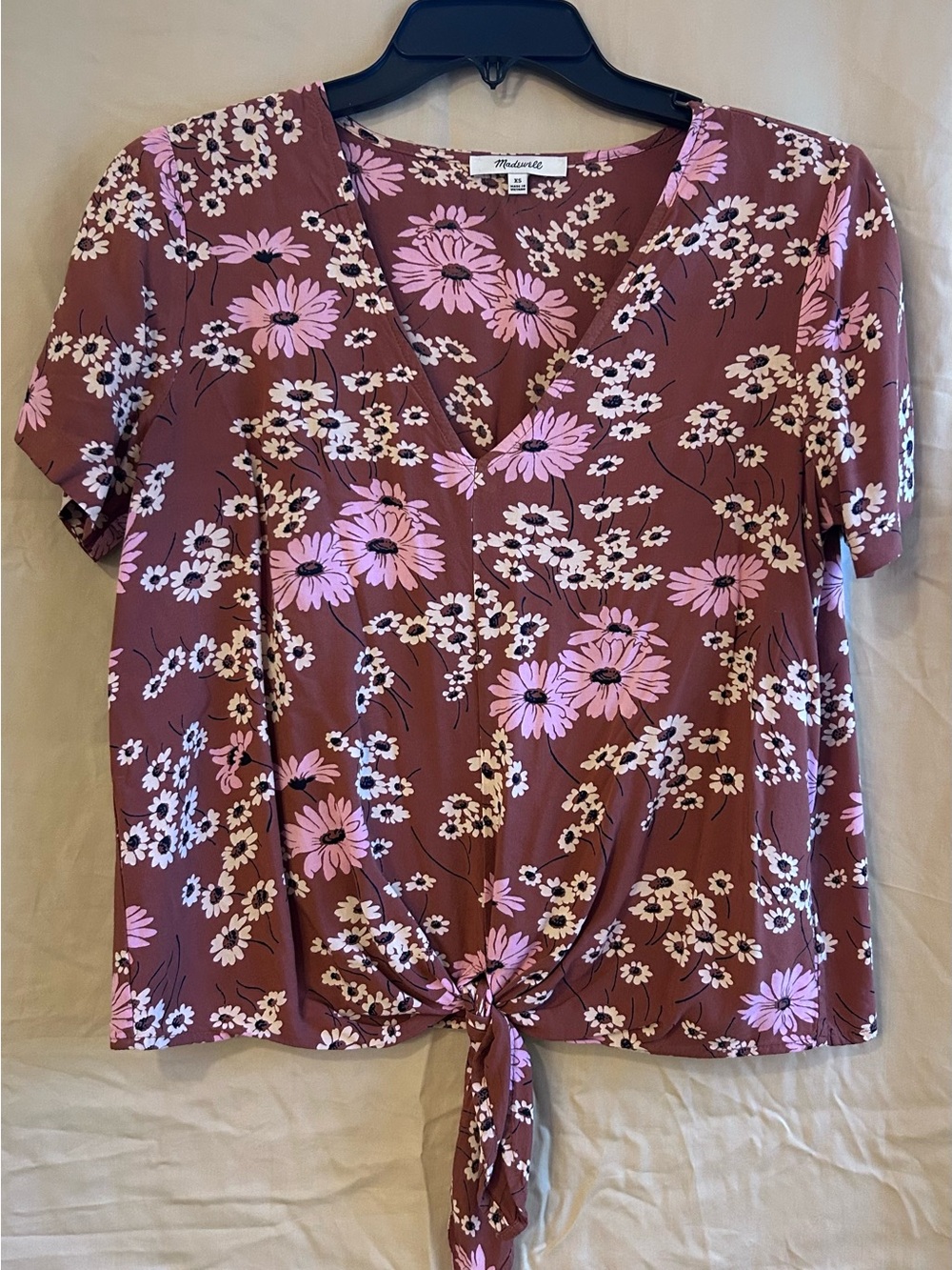 Madewell Mauve Floral Tie-Front V-Neck Top - Pink & White Flowers